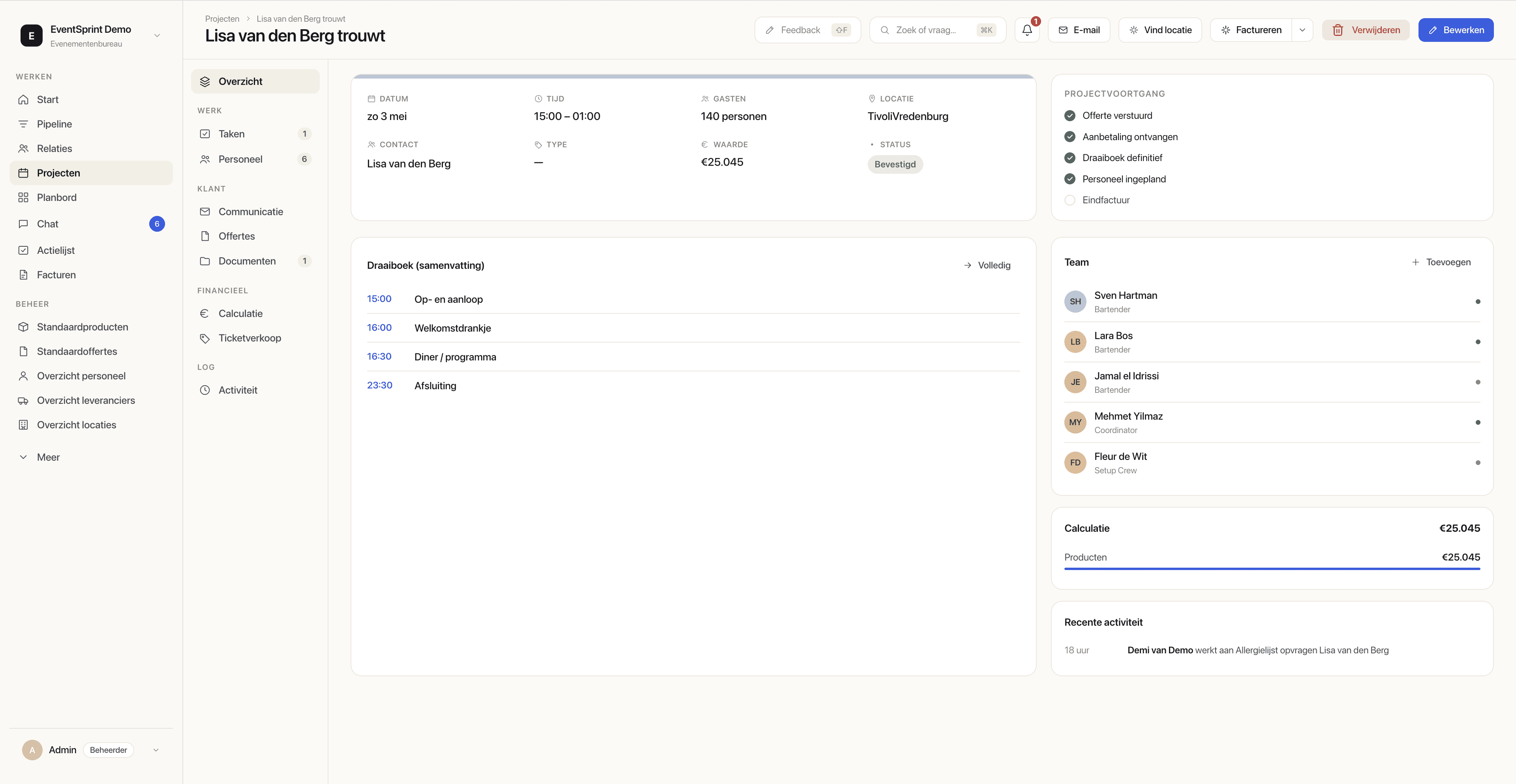 Event Dashboard: projectoverzicht met status, tijdlijn en teamleden