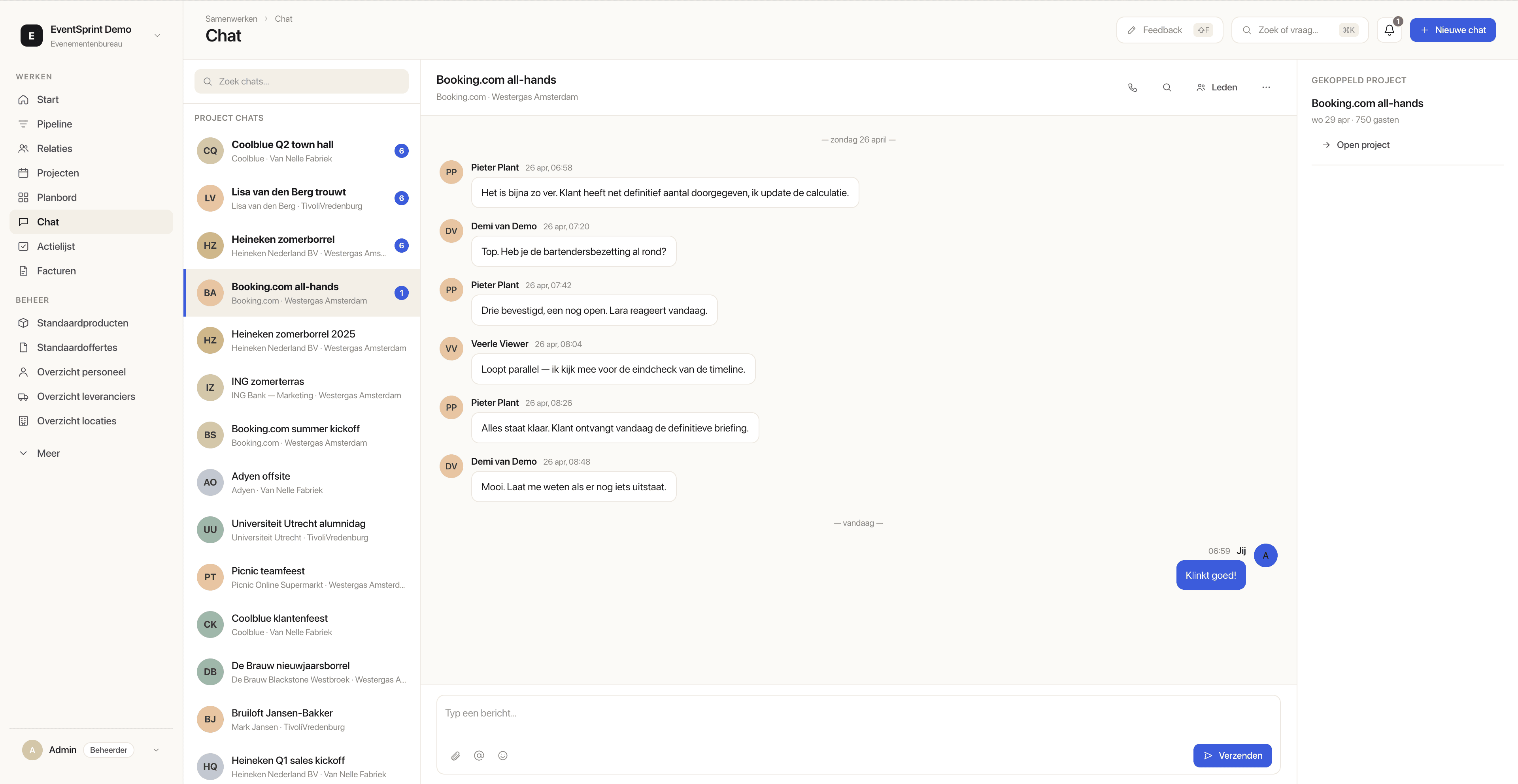 Teamchat: berichten per evenement met leveranciersoverzicht